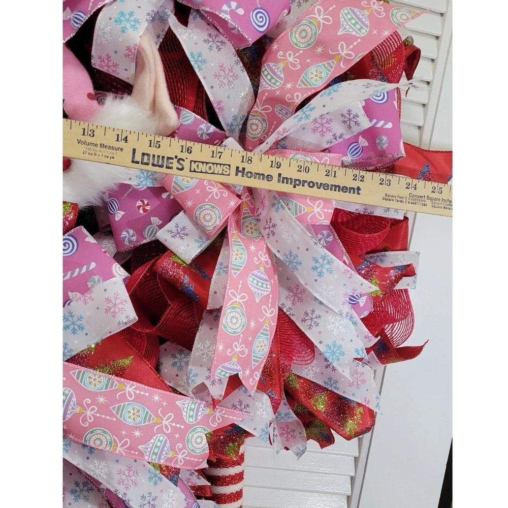 Pink Christmas Elf Wreath Holiday Door Decor Deco Mesh Ribbon 36 Inch Large